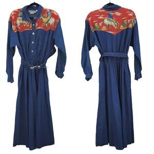 Vintage Dress Maxi Prairie Western Cowgirl Rodeo Belted Denim Horse Yoke Blue L